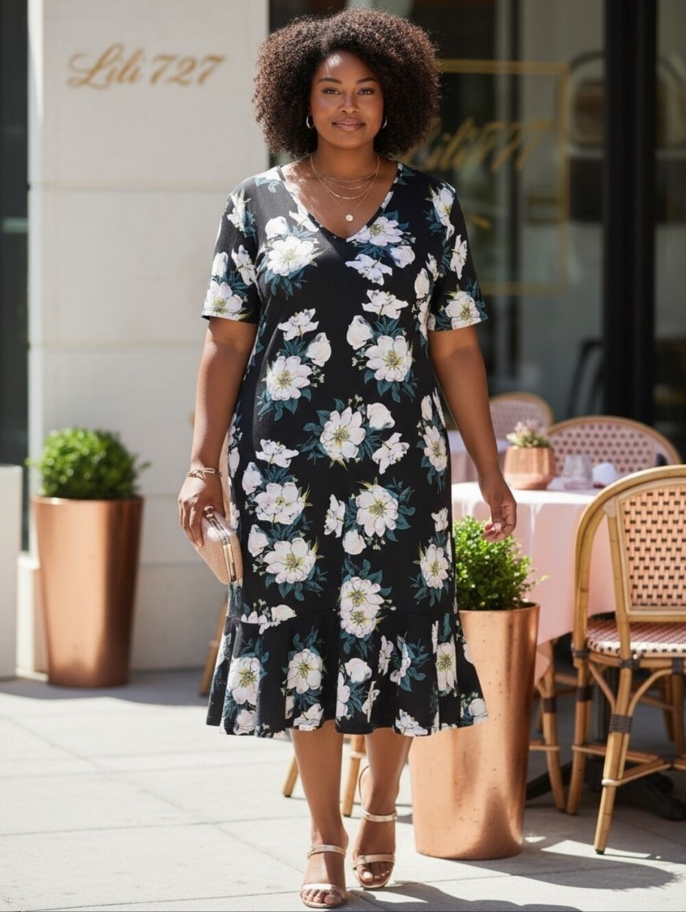 Armani Exchange Curve Floral Plus Black And Pink Midi Dress With Ruffle Hem